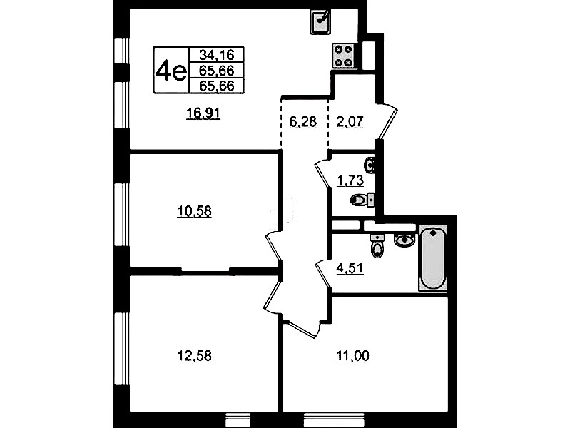 3-комнатная квартира 65.66 м², 5/12 эт., ЖК «Новые Лаврики»